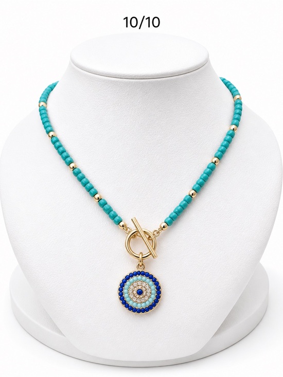 Jewelry - Gold Toggle Turquoise Beaded Necklace with Blue Evil Eye Pendant